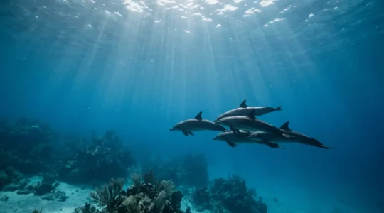 Underwater scene showing wild dolphins swimming freely in clear blue ocean with sunlight filtering through water