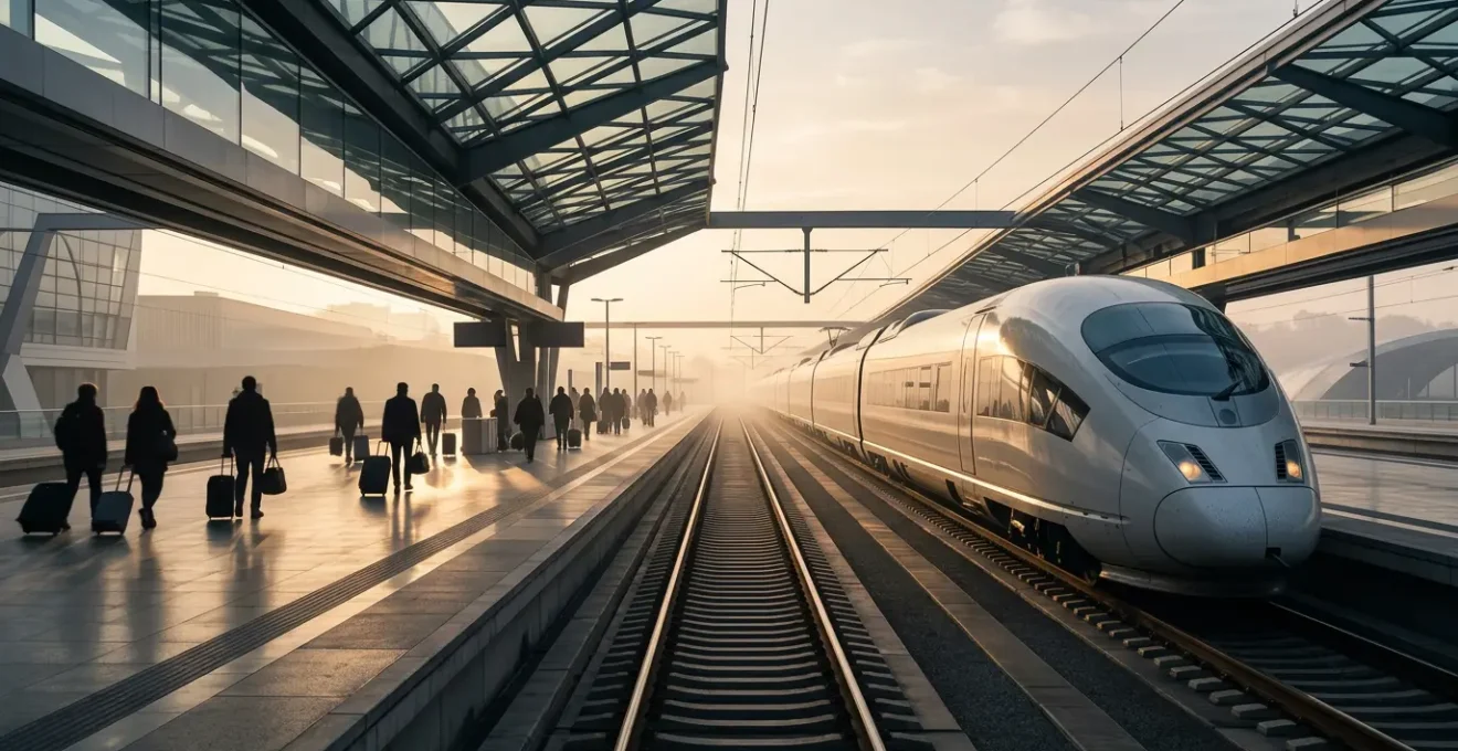 European high-speed train departing from modern railway station platform in misty morning light