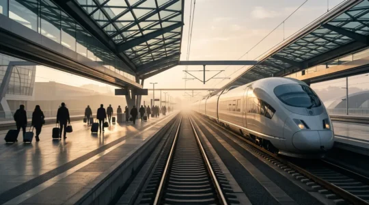 European high-speed train departing from modern railway station platform in misty morning light