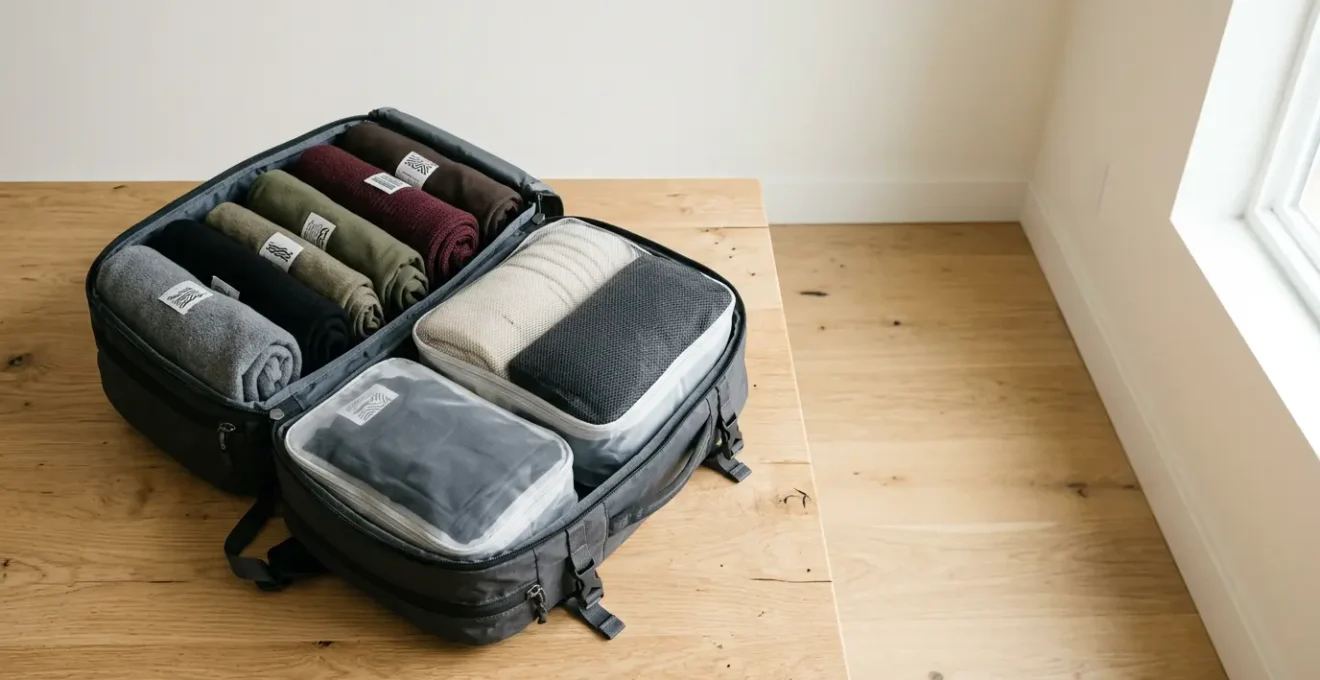 Open backpack with rolled winter clothes and organized packing cubes on minimalist surface