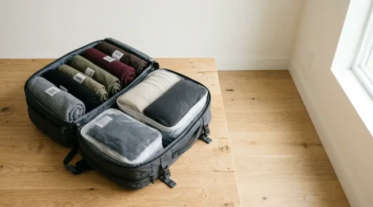 Open backpack with rolled winter clothes and organized packing cubes on minimalist surface