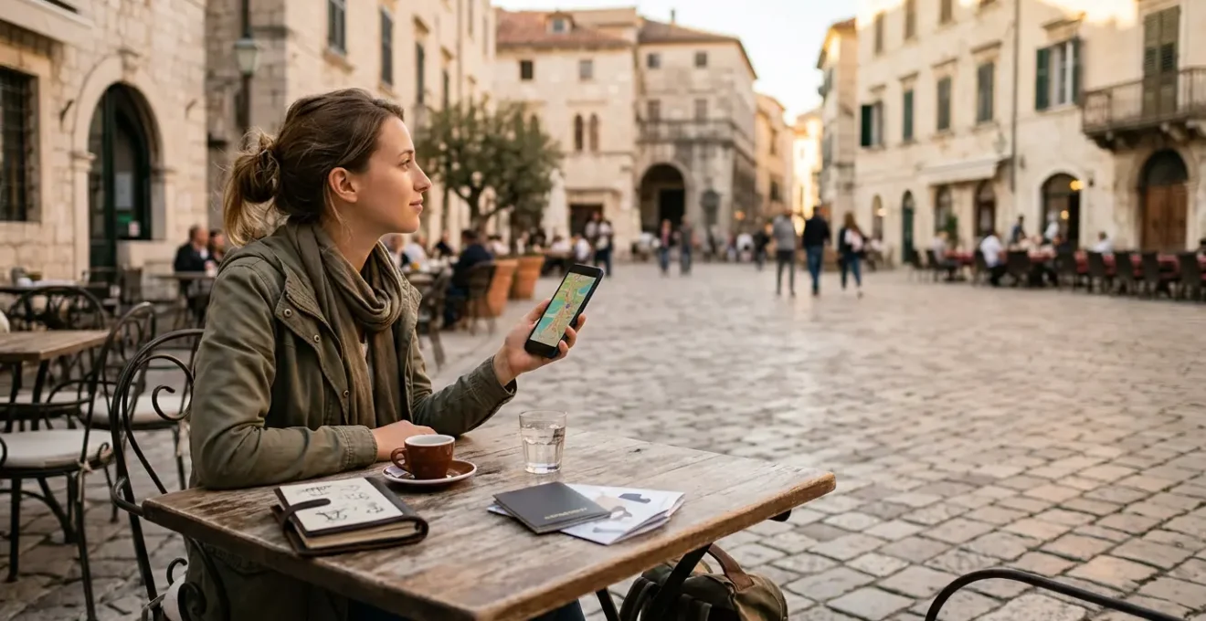 Traveler using smartphone to navigate foreign city without roaming fees