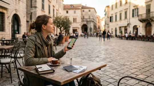 Traveler using smartphone to navigate foreign city without roaming fees