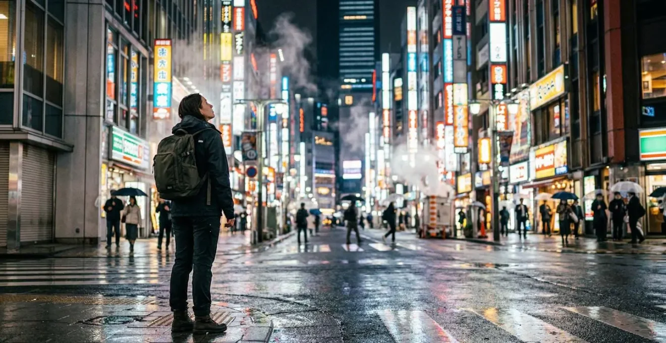 Night scene of Tokyo street with neon lights and traveler looking up at illuminated signs