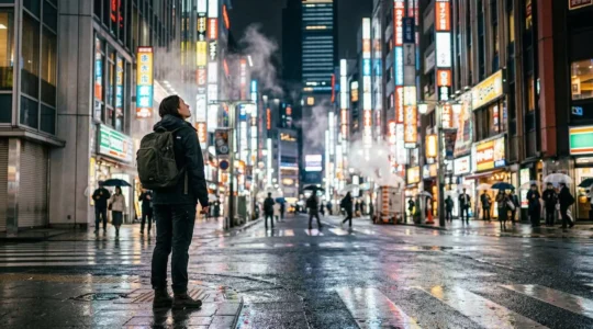 Night scene of Tokyo street with neon lights and traveler looking up at illuminated signs