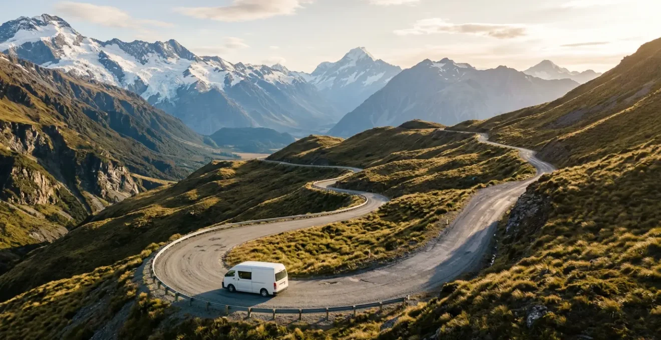 A large white campervan navigating a winding mountain pass with dramatic South Island peaks in the background during golden hour