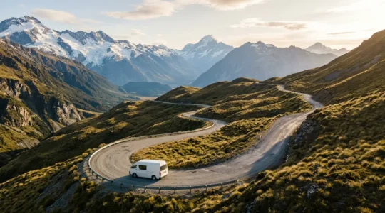 A large white campervan navigating a winding mountain pass with dramatic South Island peaks in the background during golden hour