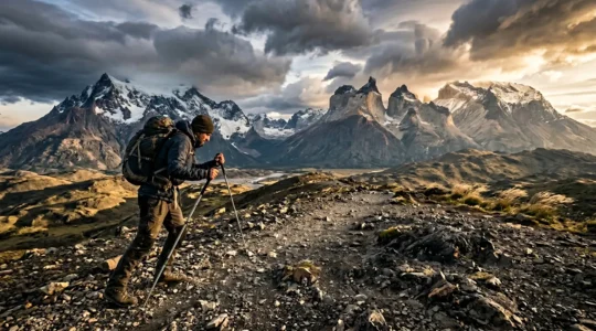 Hiker leaning into powerful wind on exposed Patagonian ridge with dramatic granite peaks in background
