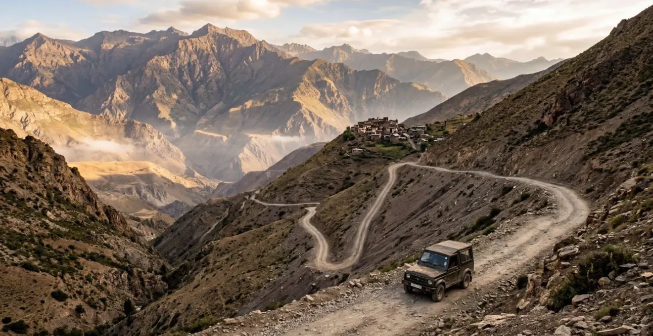 Remote mountain village accessed through winding dirt road with a 4x4 vehicle navigating challenging terrain