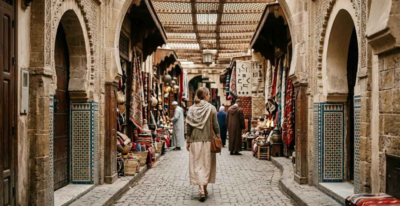 Traveler in modest flowing clothing at traditional Middle Eastern market with architectural details