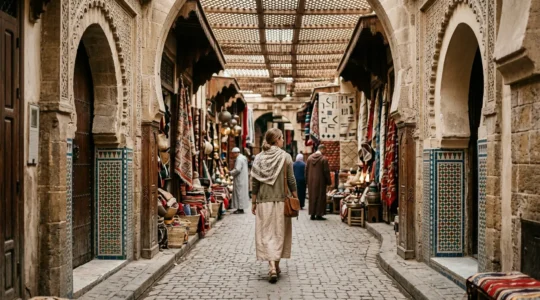 Traveler in modest flowing clothing at traditional Middle Eastern market with architectural details