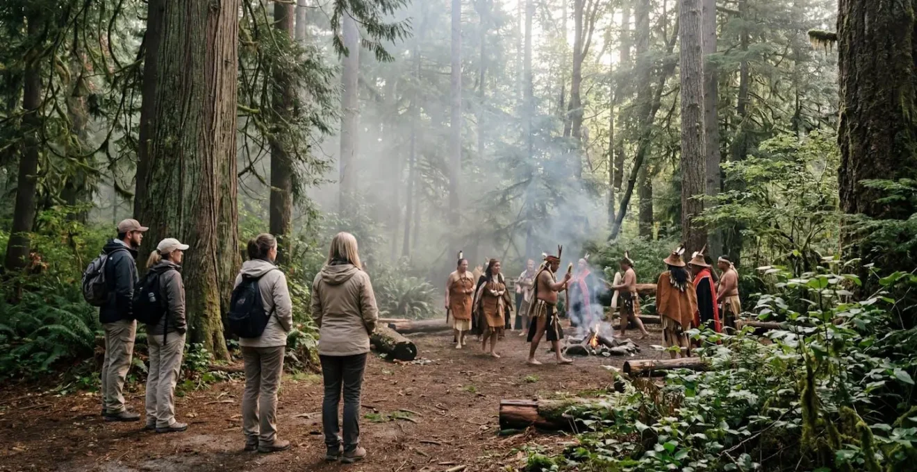 Travelers respectfully observing an Indigenous ceremony from a distance in natural setting