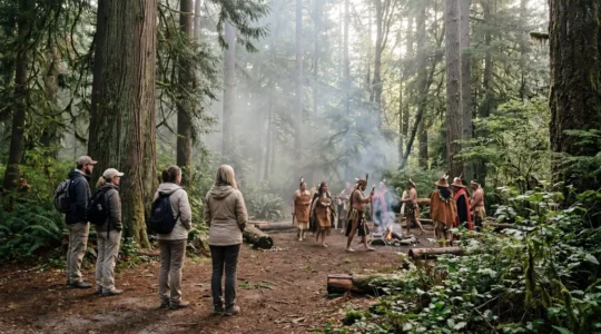 Travelers respectfully observing an Indigenous ceremony from a distance in natural setting