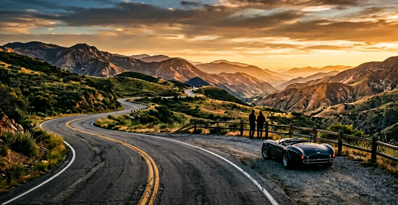 Scenic road winding through mountains during golden hour with a vintage car parked at an overlook