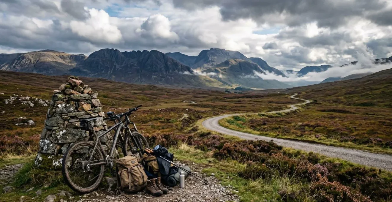 Dramatic wide shot of a Scottish Highlands landscape with winding mountain road and adventure sports equipment