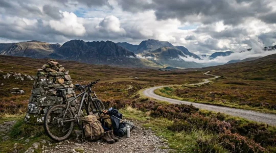 Dramatic wide shot of a Scottish Highlands landscape with winding mountain road and adventure sports equipment