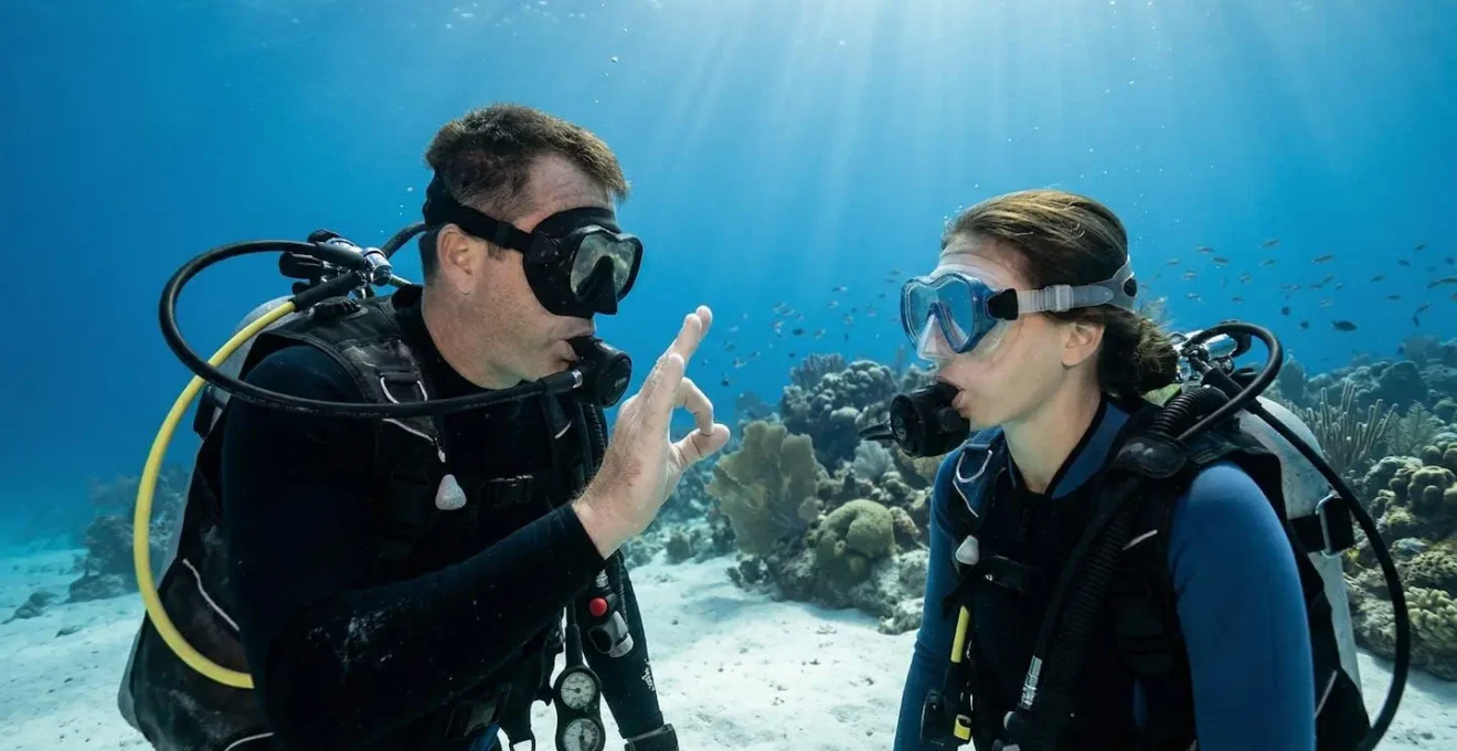 A scuba diving instructor performing safety equipment checks underwater with a student diver in tropical waters