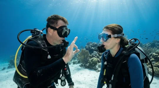 A scuba diving instructor performing safety equipment checks underwater with a student diver in tropical waters