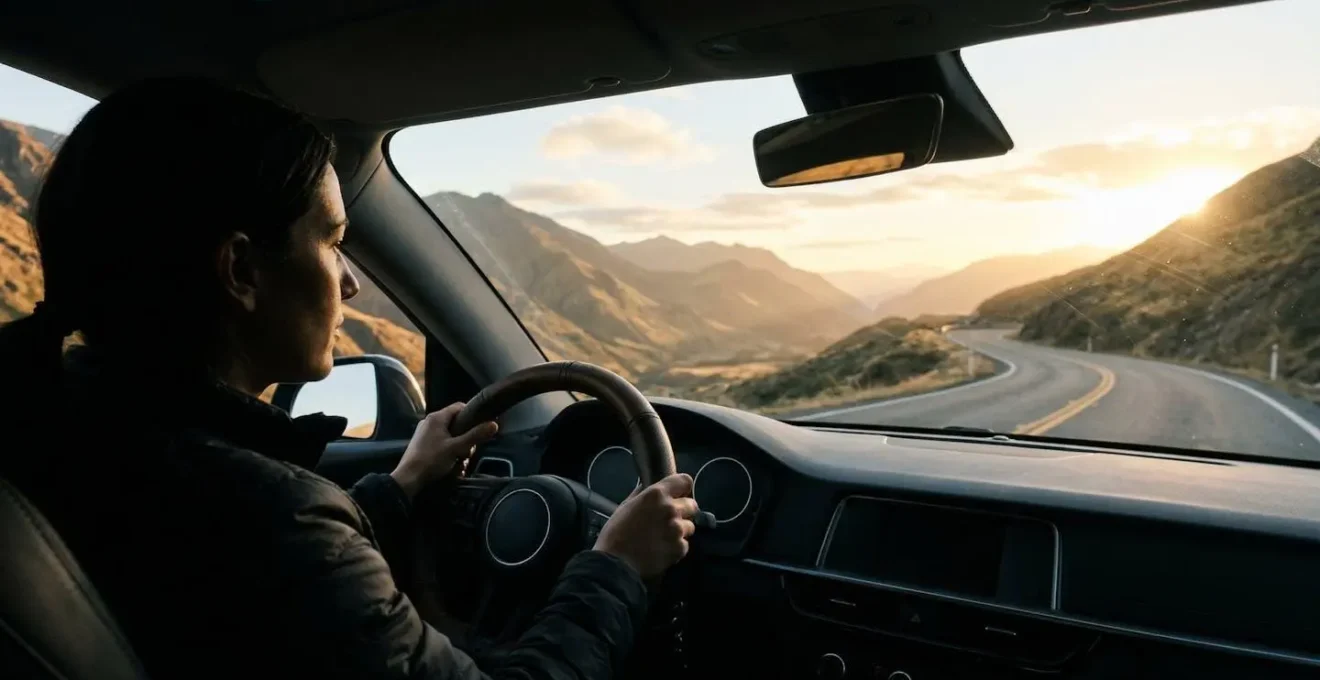 Professional driver navigating winding mountain road at golden hour during solo road trip