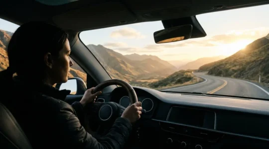 Professional driver navigating winding mountain road at golden hour during solo road trip