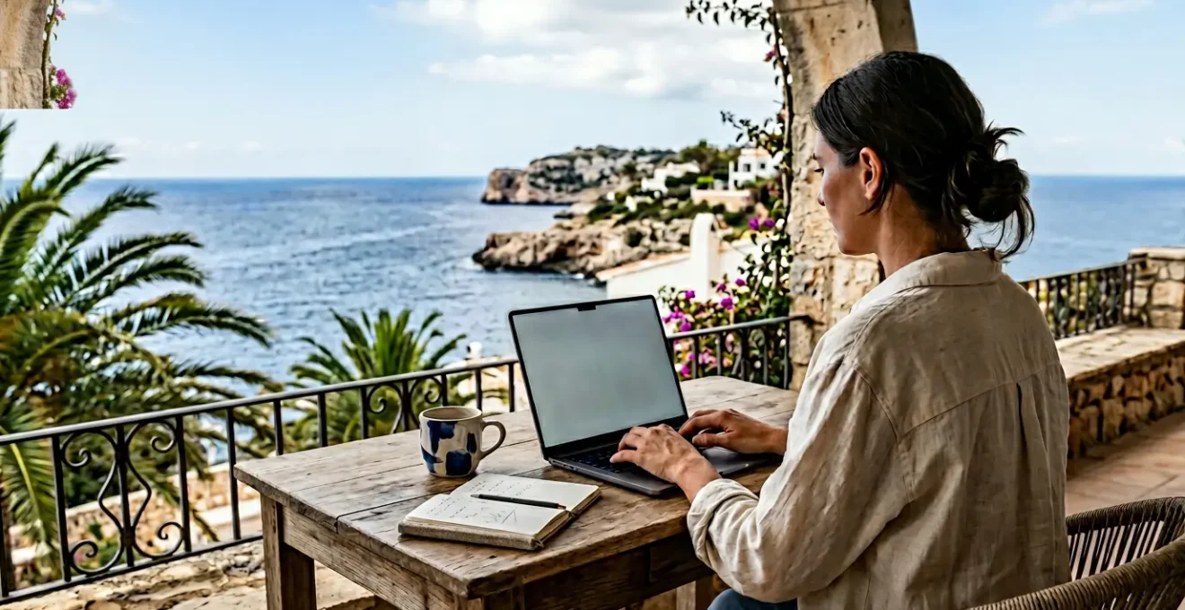 Digital nomad working on laptop in minimalist coastal workspace with professional setup