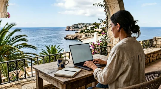 Digital nomad working on laptop in minimalist coastal workspace with professional setup