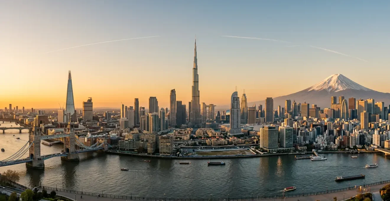 Panoramic view combining three iconic metropolitan skylines connected by flight paths