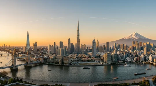 Panoramic view combining three iconic metropolitan skylines connected by flight paths