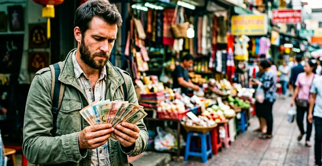 Traveler calculating currency exchange rates at international market