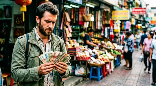 Traveler calculating currency exchange rates at international market