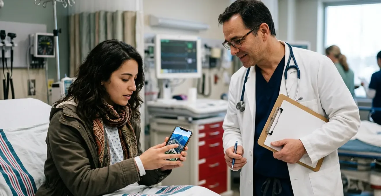 Traveler in foreign hospital emergency room using translation app with medical staff