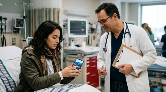 Traveler in foreign hospital emergency room using translation app with medical staff