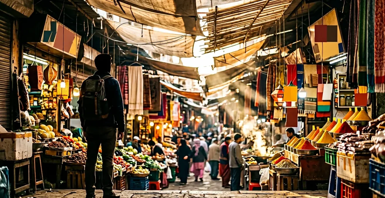 A traveler experiencing sensory overload in a vibrant Asian street market with colorful displays and crowds