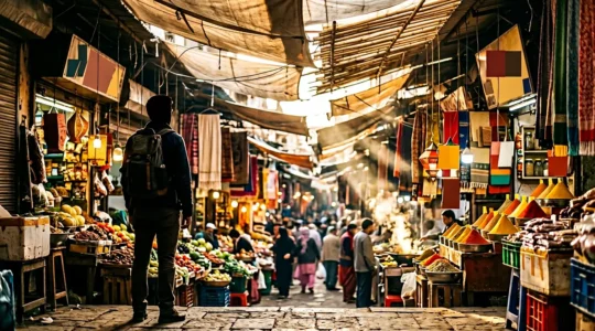 A traveler experiencing sensory overload in a vibrant Asian street market with colorful displays and crowds