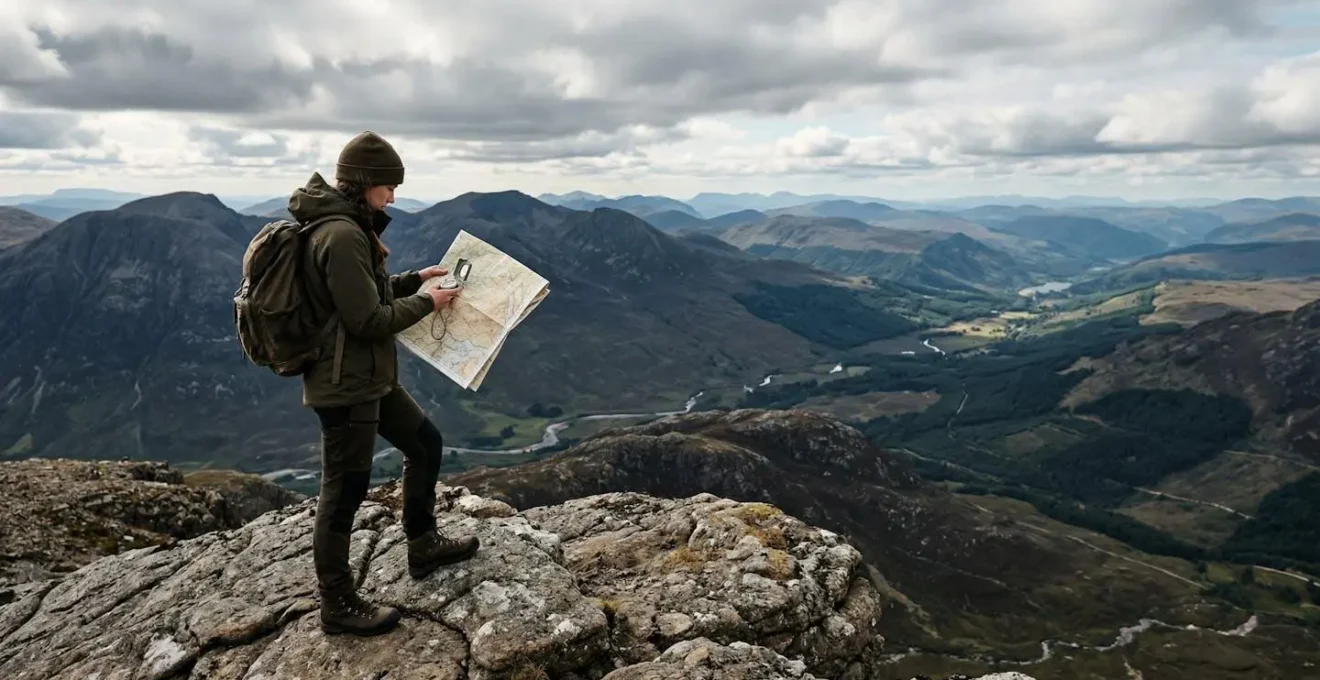 Hiker navigating rugged terrain with compass and map in remote wilderness