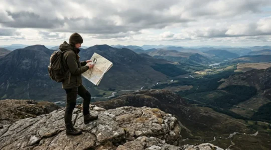 Hiker navigating rugged terrain with compass and map in remote wilderness