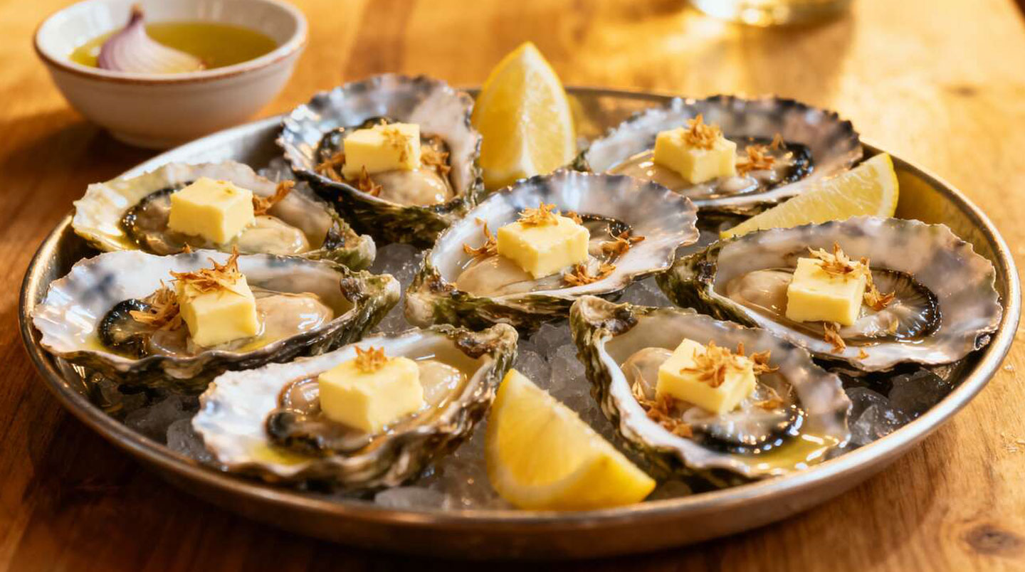 Hands opening fresh oysters at a weathered wooden table outdoors, wine glasses partially visible, oyster shells scattered naturally on the surface