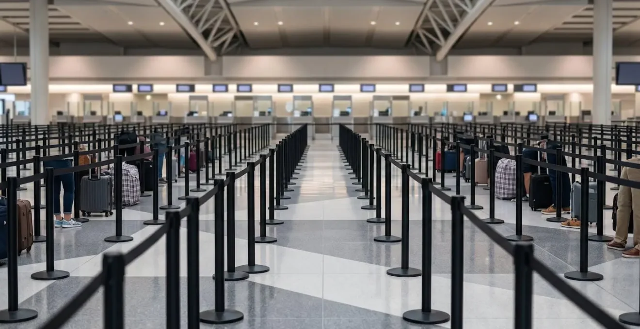 Long immigration queue at international airport with travelers waiting
