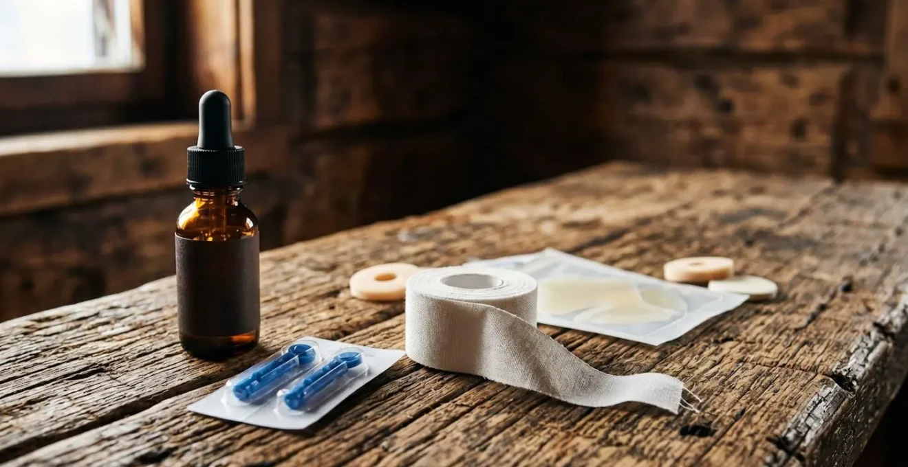 Macro shot of hiking first aid supplies laid out on wooden refuge table