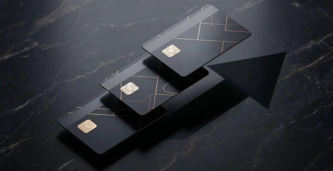 Multiple travel cards arranged in ascending steps showing fee-free allowances