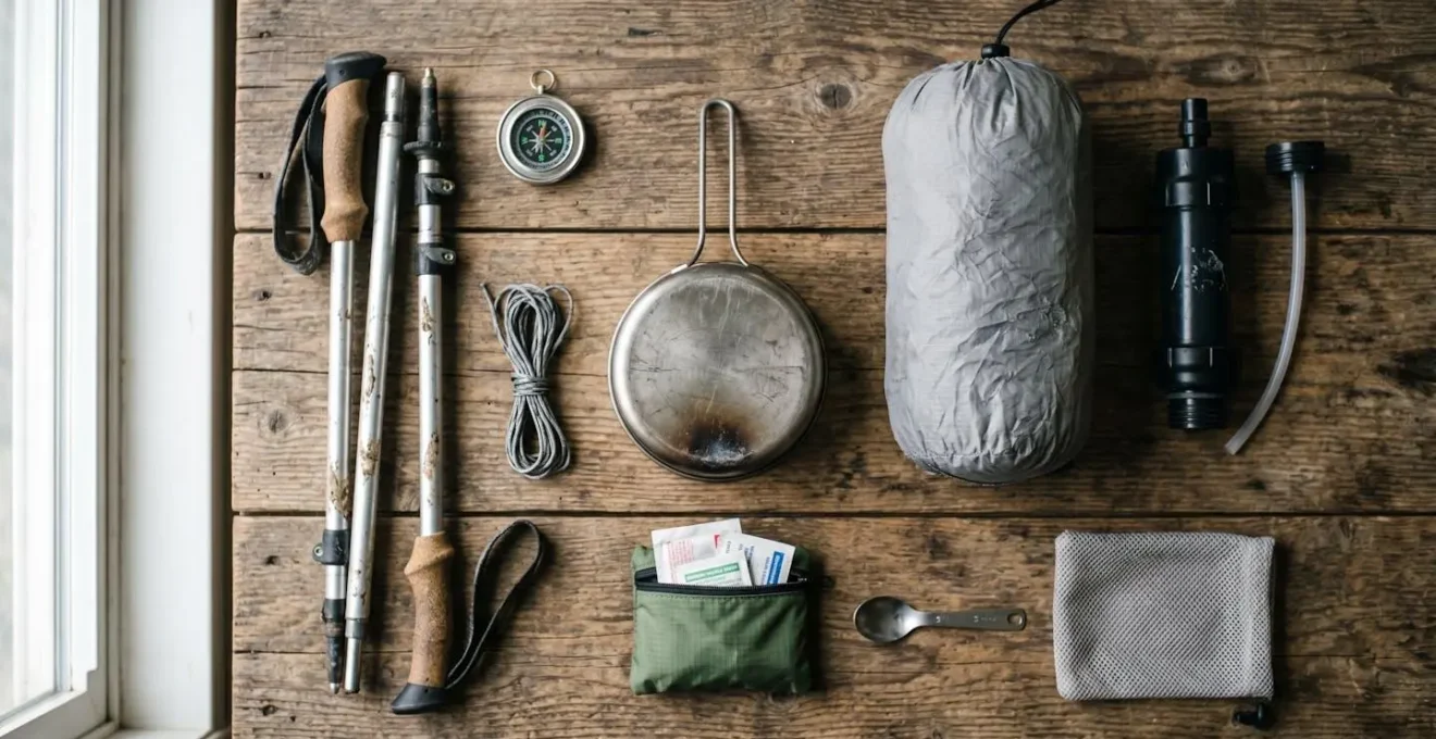 Ultralight trekking gear laid out systematically on ground showing minimal essential items for mountain hiking