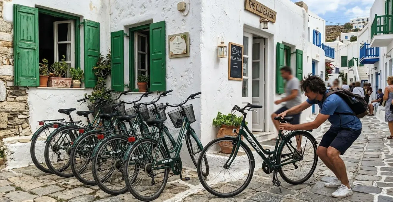 Row of rental bicycles parked outside a village shop with whitewashed walls and green shutters, a person checking bike seat height