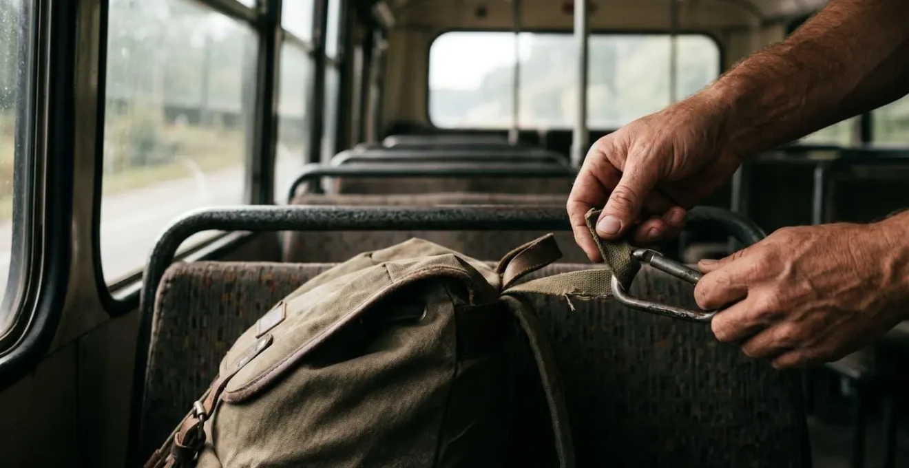 Close-up of a traveler's hands securing a daypack with carabiner clips while seated on a bus