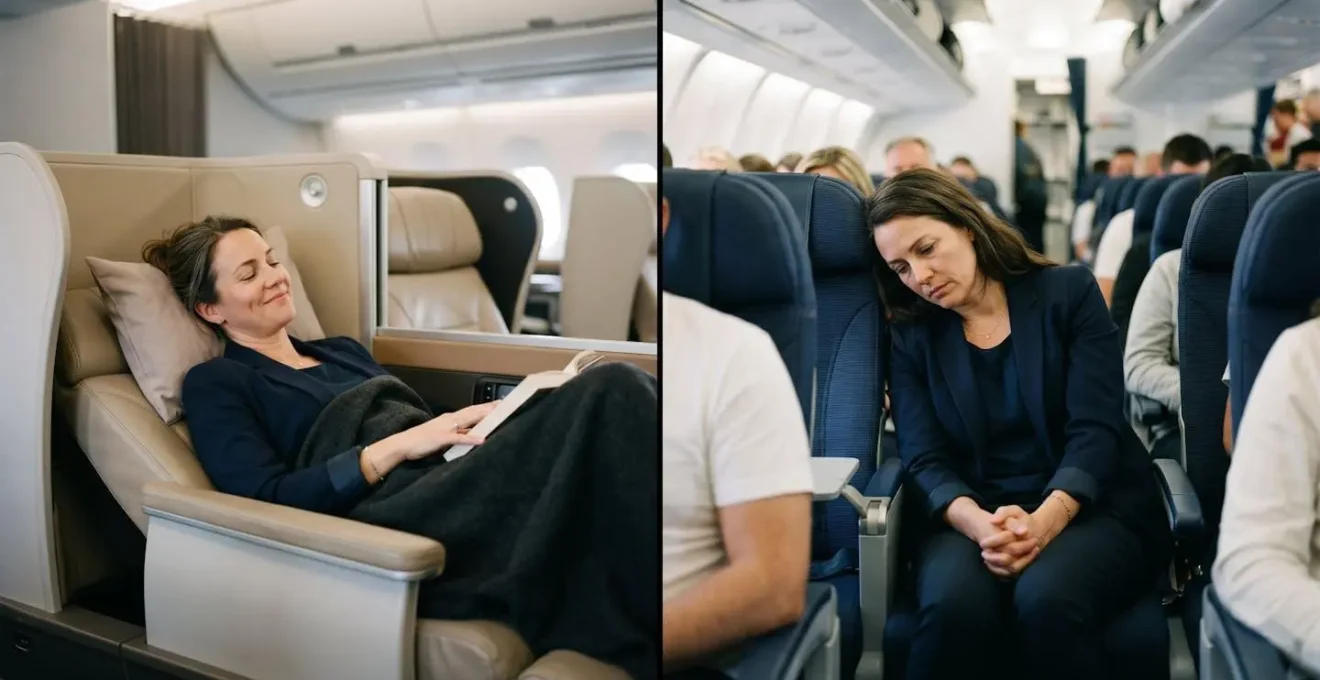 Split composition showing a relaxed business traveler in a premium cabin versus a cramped one in economy