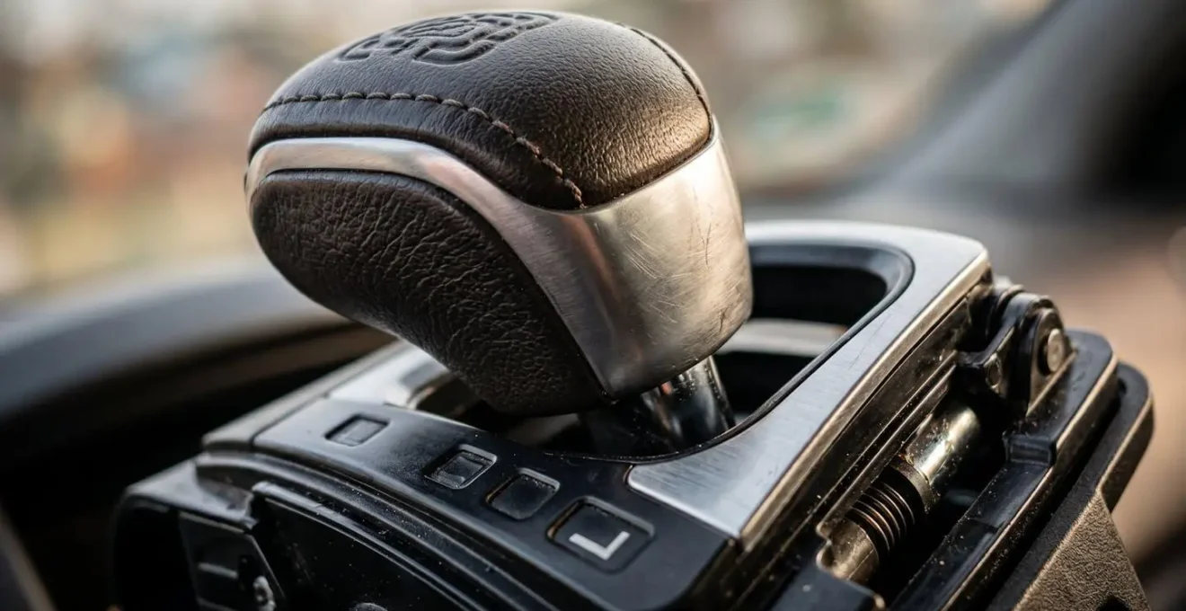 Close-up macro shot of a gear selector in low position with mountain road blurred in background