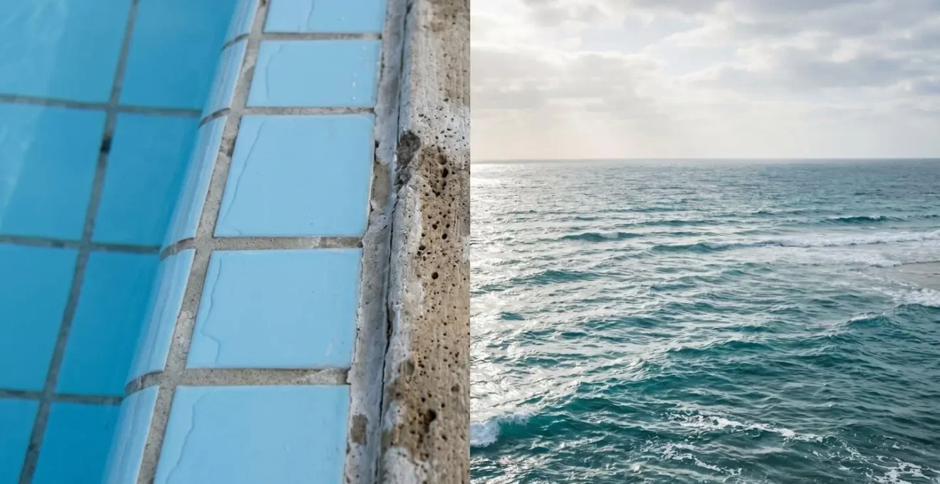 Split composition showing contrast between confined concrete tank and vast open ocean habitat