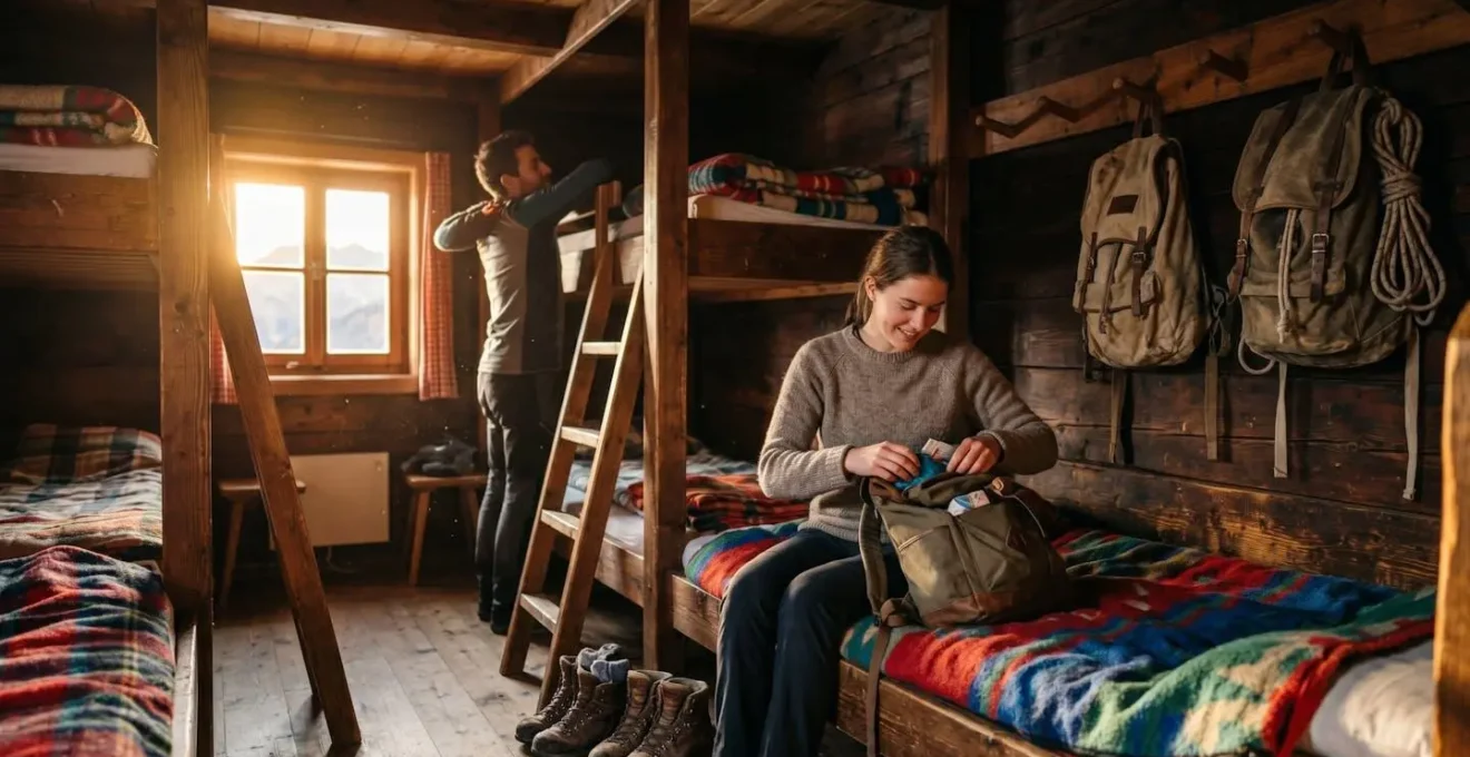 Warm interior view of mountain refuge dormitory with wooden bunks
