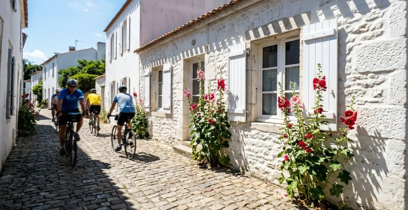 Two cyclists passing a white-shuttered cottage on a narrow village lane with hollyhocks in bloom and cobblestones underfoot