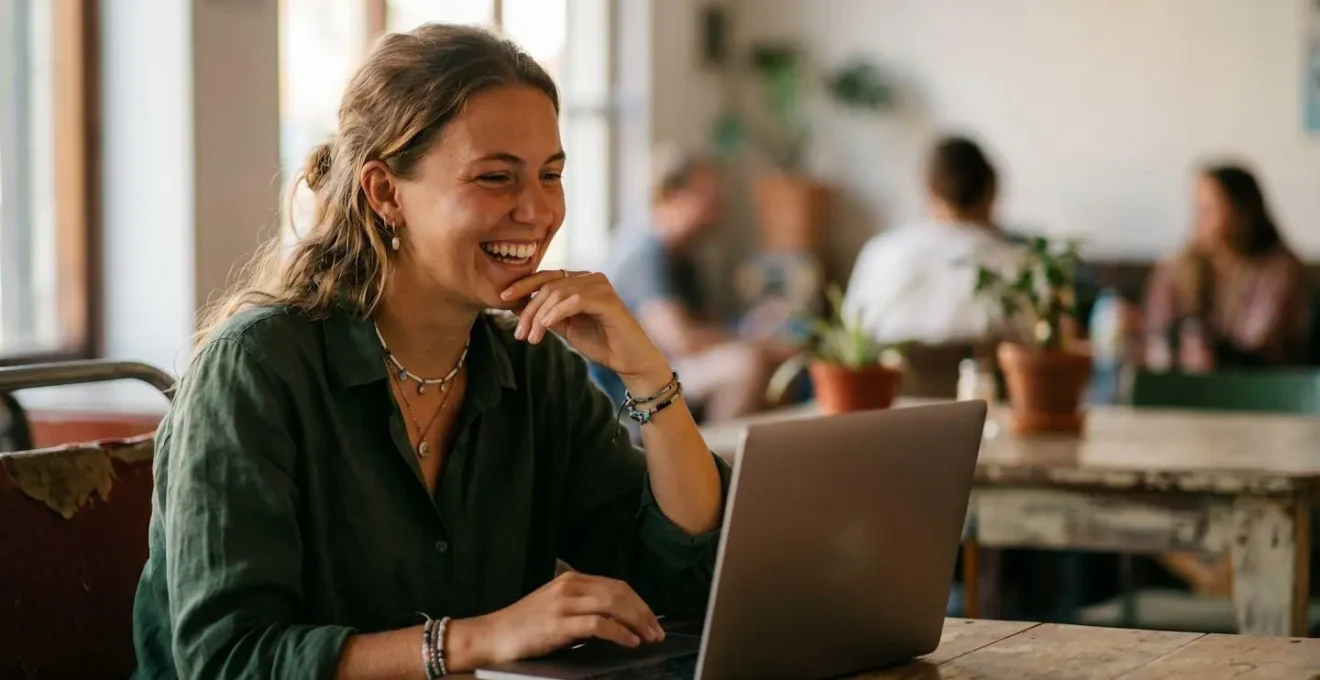Person having an emotional video call on a laptop in a hostel common area, showing a genuine connection despite the distance.