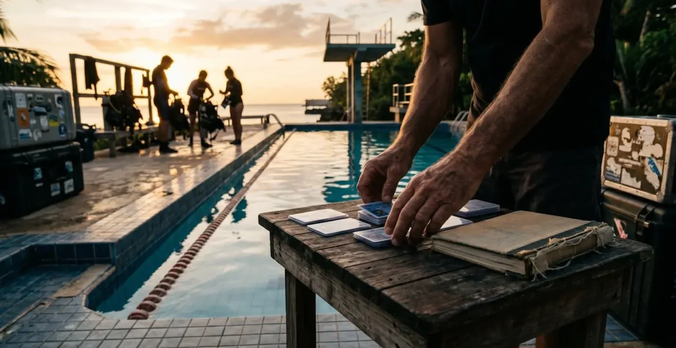 Dive instructor showing certification cards and logbook to students at pool edge